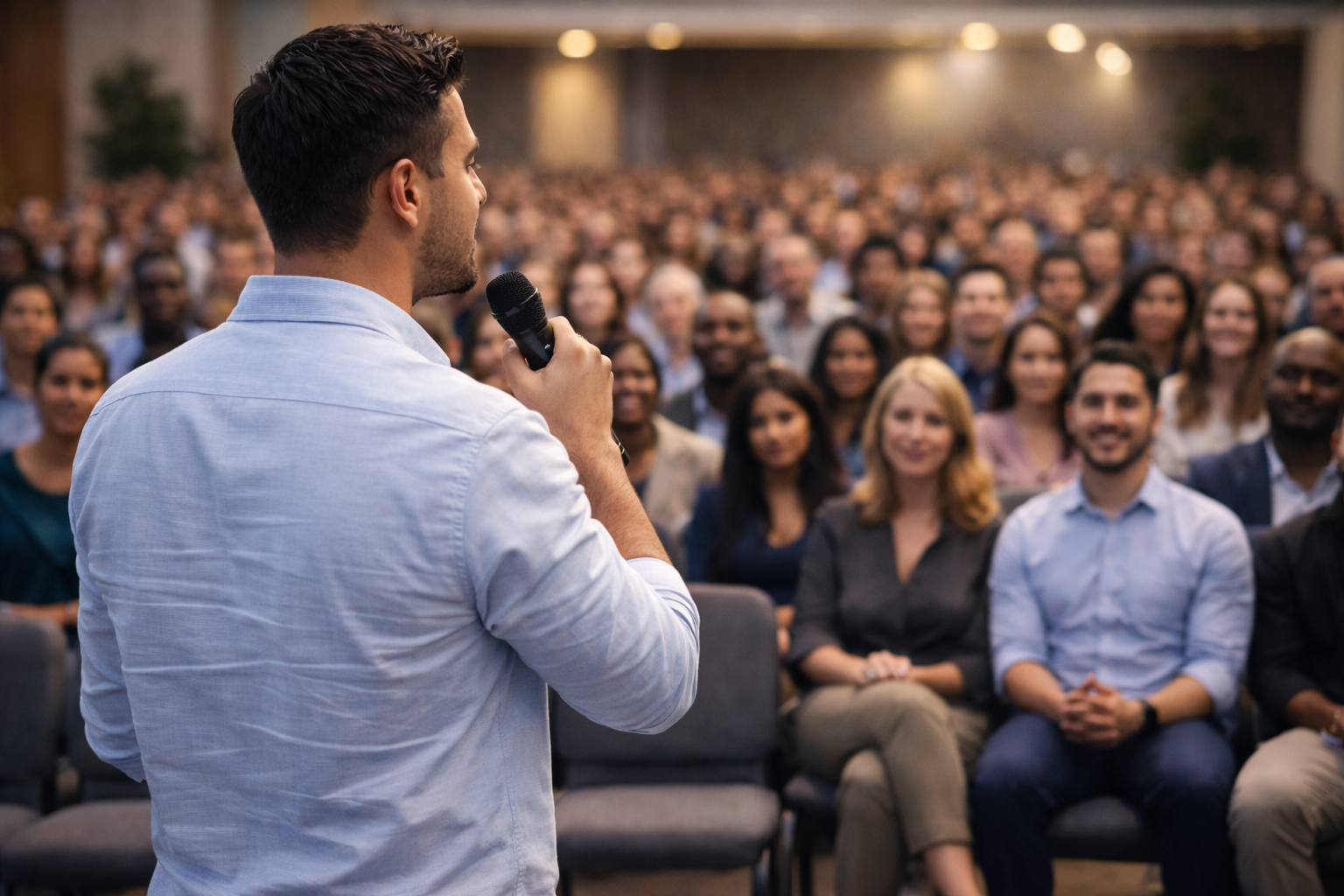 Audience following live translated captions on phones during a keynote.