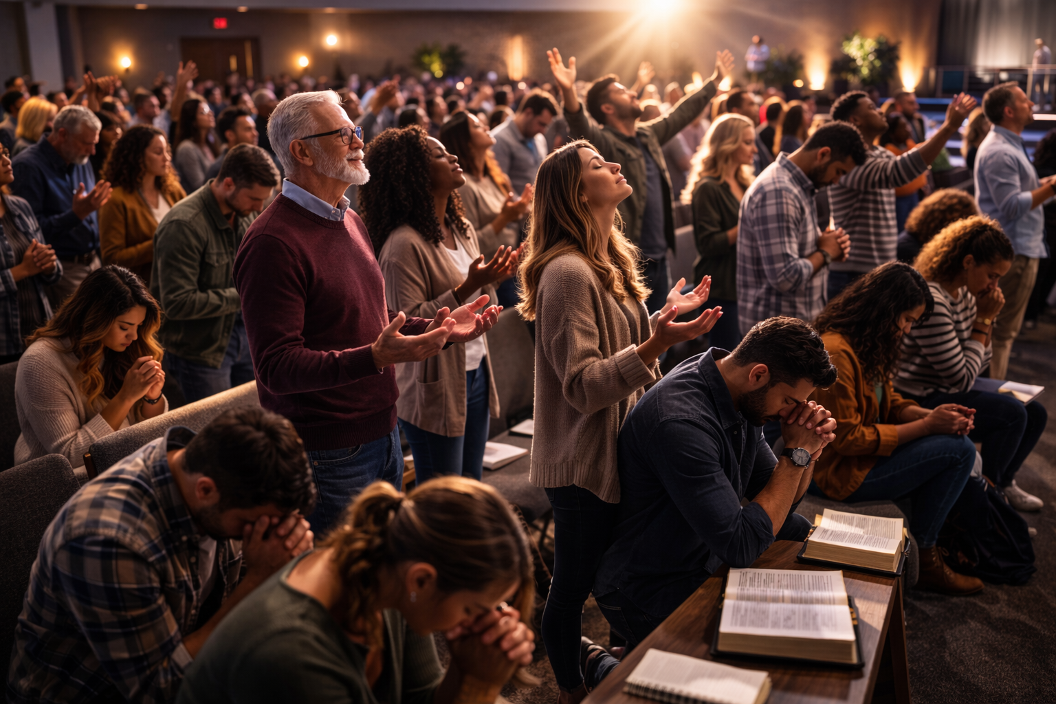 Church service audience viewing translated text during worship.
